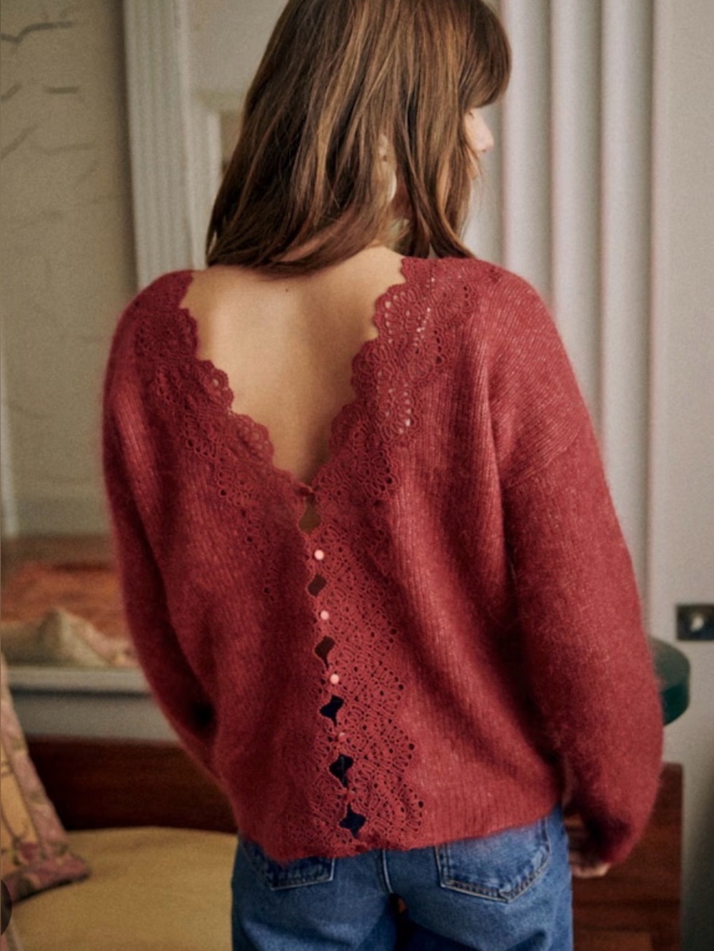 SEZANE Astride Rosewood  Lace Deep V Sweater - XXL, like new